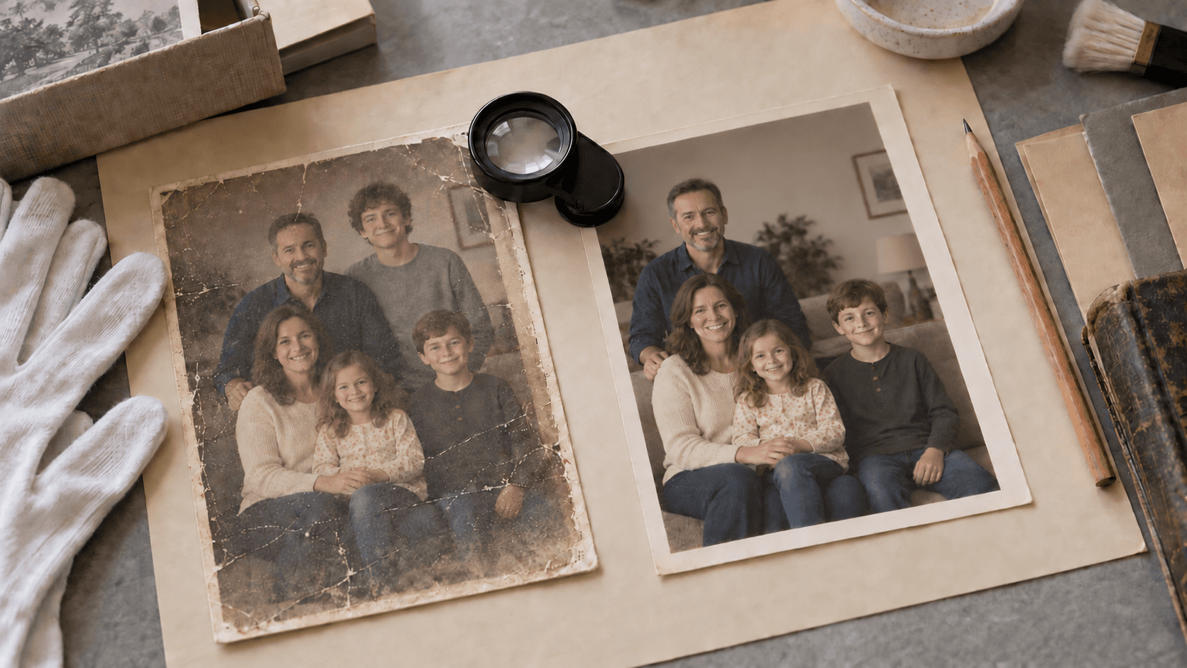 An illustrative scene for an archival review, showing a family photograph beside a processed comparison print and a magnifying glass; not a real restoration case